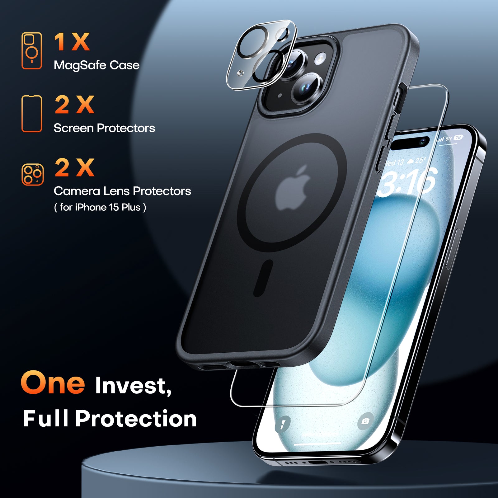 TAURI 5 in 1 Magnetic Case for iPhone 15 Plus [Mil-Grade Drop Protection] with 2X Tempered Screen Protector +2X Camera Lens Protector, Translucent Matte Slim Mag-Safe Case 6.7" - Black