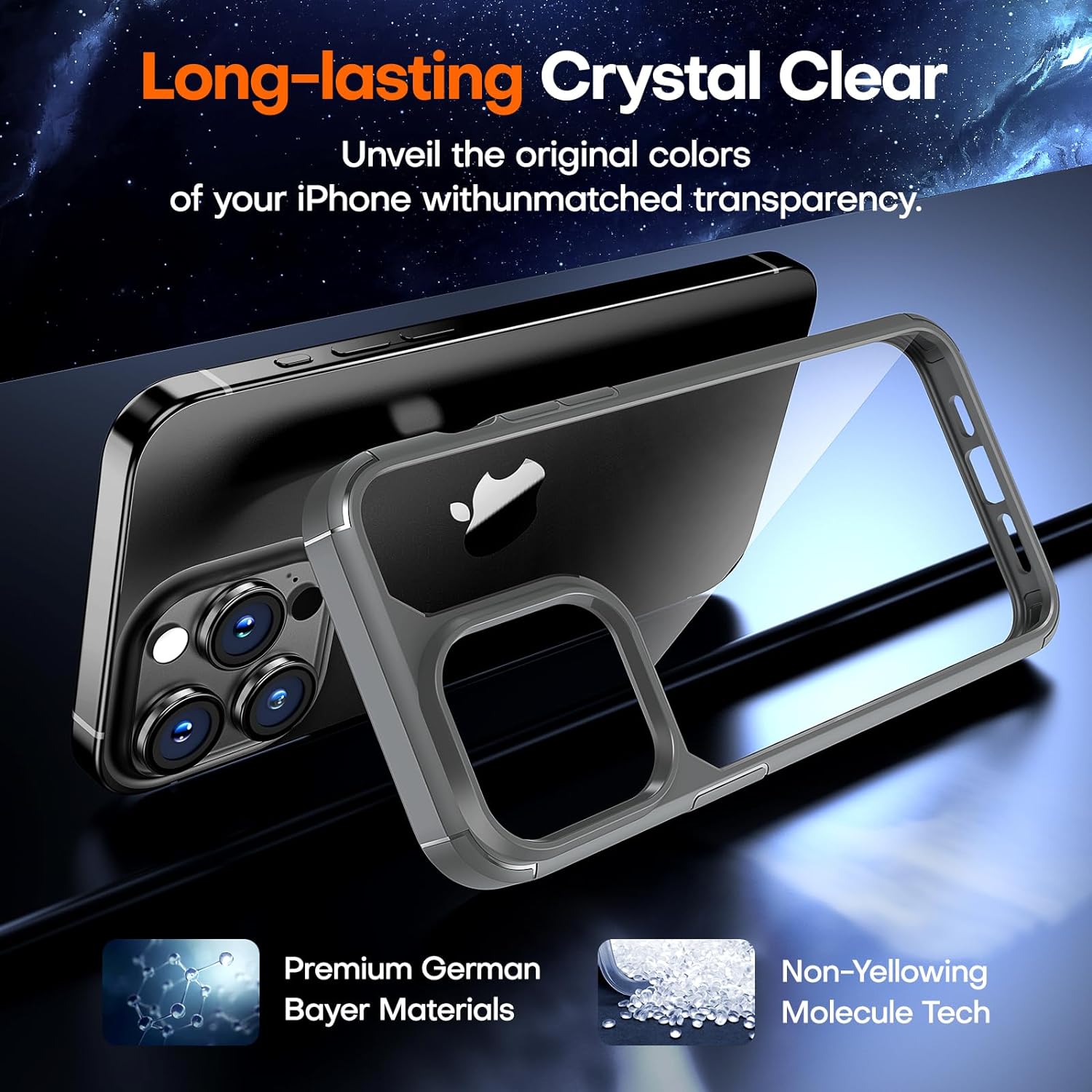 TAURI for iPhone 15 Pro Max Case, [5 in 1] 1X Clear Case [Not-Yellowing] with 2X Tempered Glass Screen Protector + 2X Camera Lens Protector, [Militarized Drop Defense] Slim Phone Case 6.7 inch, Gray