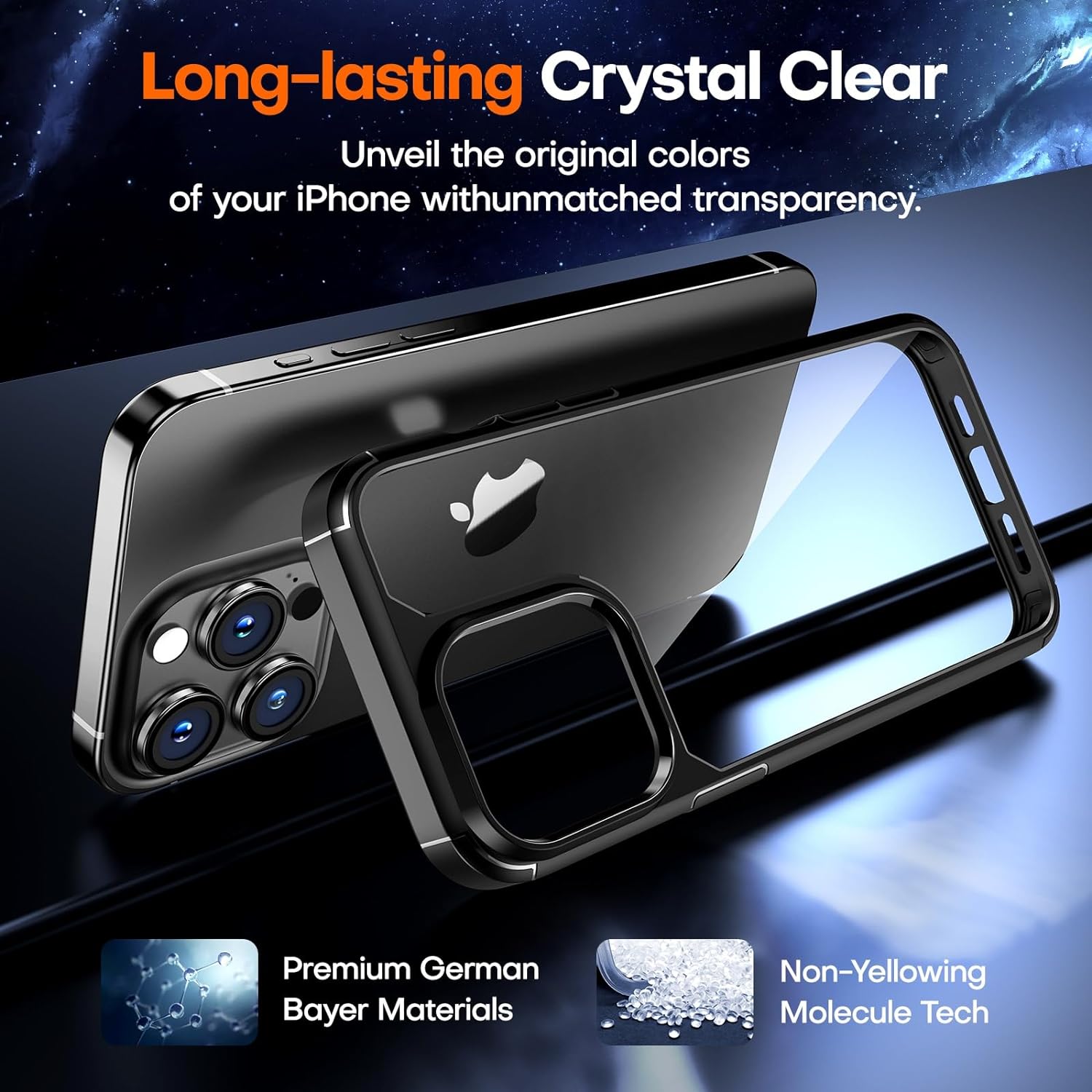 TAURI for iPhone 15 Pro Max Case, [5 in 1] 1X Clear Case [Not-Yellowing] with 2X Tempered Glass Screen Protector + 2X Camera Lens Protector, [Militarized Drop Defense] Slim Phone Case 6.7 inch, Black