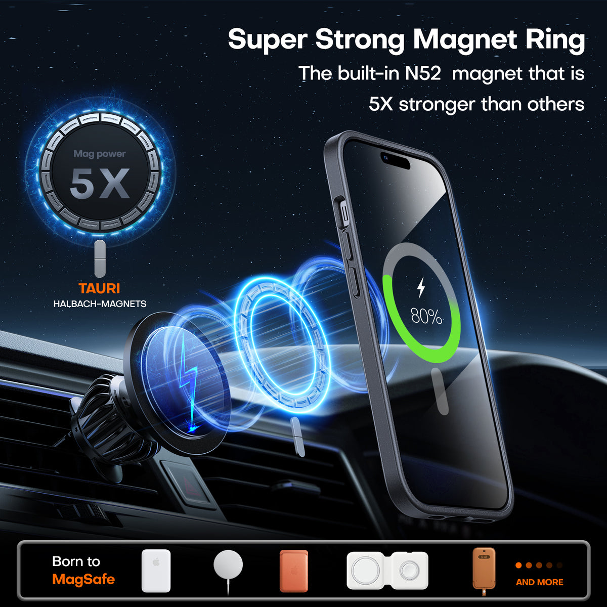 TAURI 5 in 1 Magnetic Case for iPhone 15 Plus [Mil-Grade Drop Protection] with 2X Tempered Screen Protector +2X Camera Lens Protector, Translucent Matte Slim Mag-Safe Case 6.7" - Black