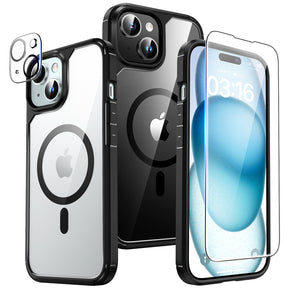 TAURI 5 in 1 Magnetic for iPhone 15 Case Clear, [Designed for Magsafe] with 2X Screen Protectors +2X Camera Lens Protectors, [Not-Yellowing] Shockproof Slim Case for iPhone 15