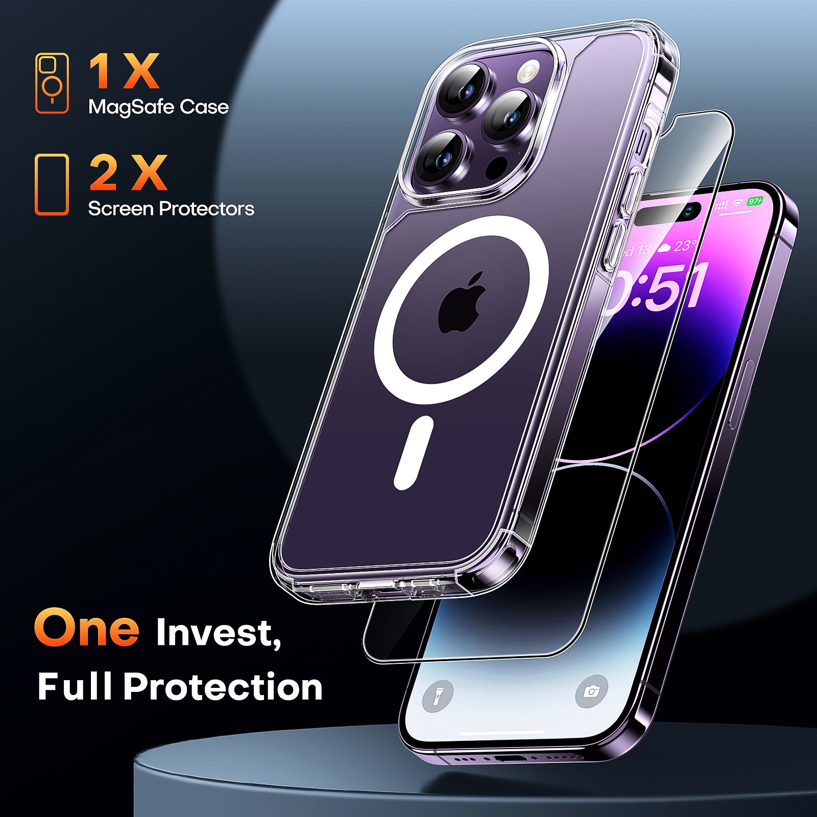 TAURI 3 in 1 for iPhone 14 Pro Max Case, Compatible with MagSafe [Not-Yellowing] with 2X Screen Protector, Military-Grade Protection, Magnetic Case for iPhone 14 Pro Max 6.7", Clear
