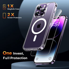TAURI 3 in 1 for iPhone 14 Pro Max Case, Compatible with MagSafe [Not-Yellowing] with 2X Screen Protector, Military-Grade Protection, Magnetic Case for iPhone 14 Pro Max 6.7", Clear