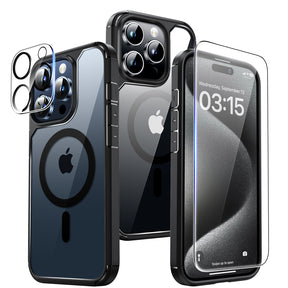 TAURI 5 in 1 Magnetic Case for iPhone 15 Pro Max [Mili-Grade Drop Protection] with 2X Screen Protector+2X Camera Lens Protector, Super Transparent Slim for iPhone 15 Pro Max Case Mag-Safe-Clear