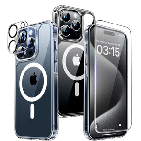 TAURI 5 in 1 Magnetic Case for iPhone 15 Pro Max [Mili-Grade Drop Protection] with 2X Screen Protector+2X Camera Lens Protector, Super Transparent Slim for iPhone 15 Pro Max Case Mag-Safe-Clear