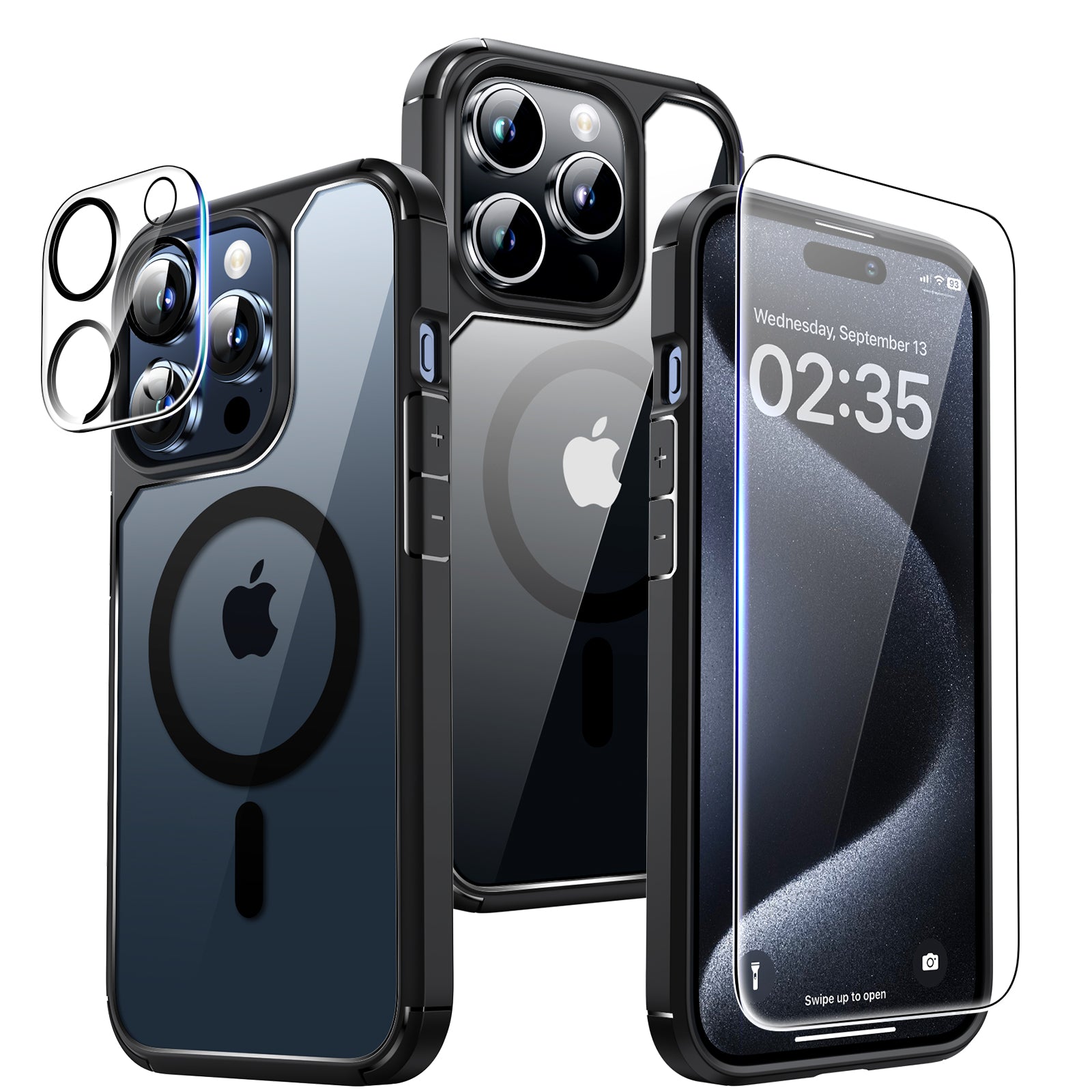 TAURI 5 in 1 Magnetic Case for iPhone 15 Pro [Military Grade Drop Protection] with 2X Screen Protector + 2X Camera Lens Protector, Transparent Slim Fit Case Mag-Safe-Clear