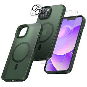 TAURI [5 in 1] Magnetic for iPhone 14 Case [Compatible with MagSafe] with 2 Screen Protector +2 Camera Lens Protector, [Military Grade Drop Protection] Translucent Matte Slim Case 6.1 Inch, Green