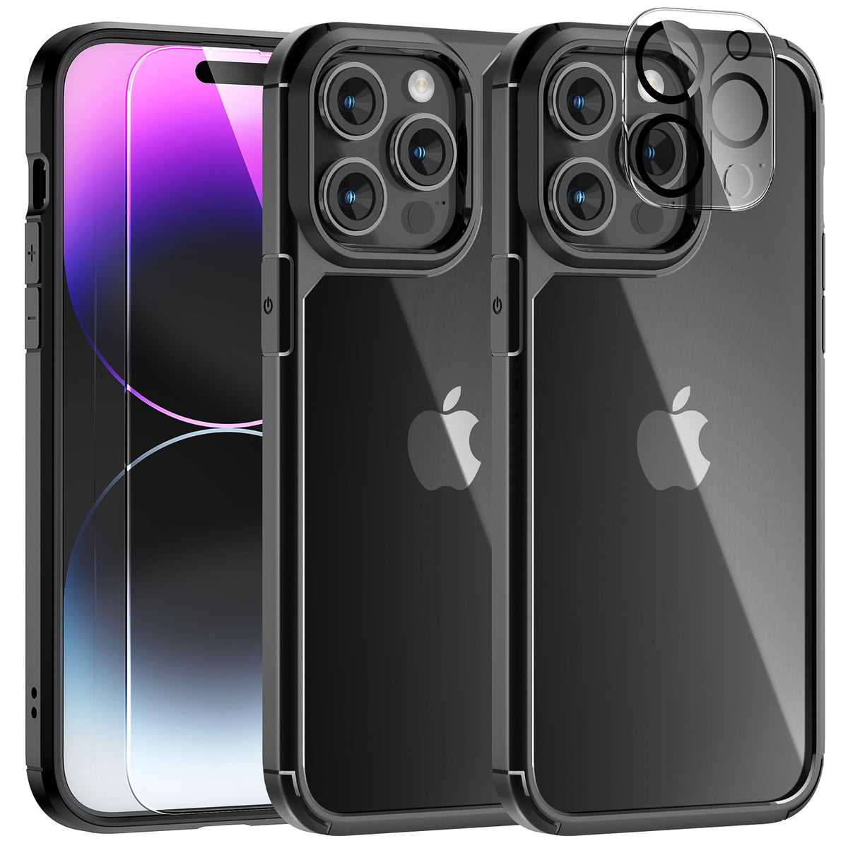TAURI [5 in 1] for iPhone 14 Pro Max Case [Not Yellowing], with 2 Tempered Glass Screen Protectors + 2 Camera Lens Protectors [Military Grade Protection] Shockproof Slim 14 Pro Max 6.7 Inch, Black