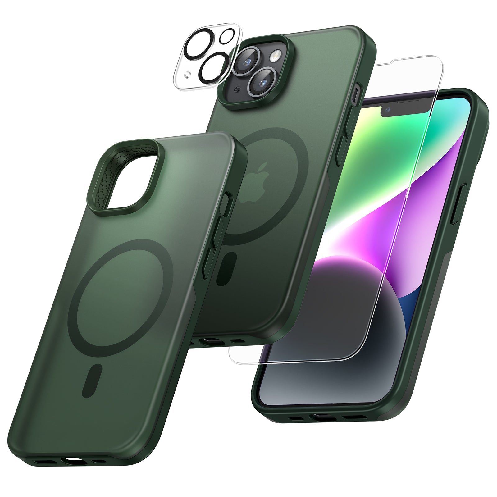 TAURI [5 in 1] Magnetic Case for iPhone 14 Plus [Military Grade Drop Protection] with 2X Screen Protector +2X Camera Lens Protector, Translucent Matte Slim Fit Compatible with Magsafe Case-Green