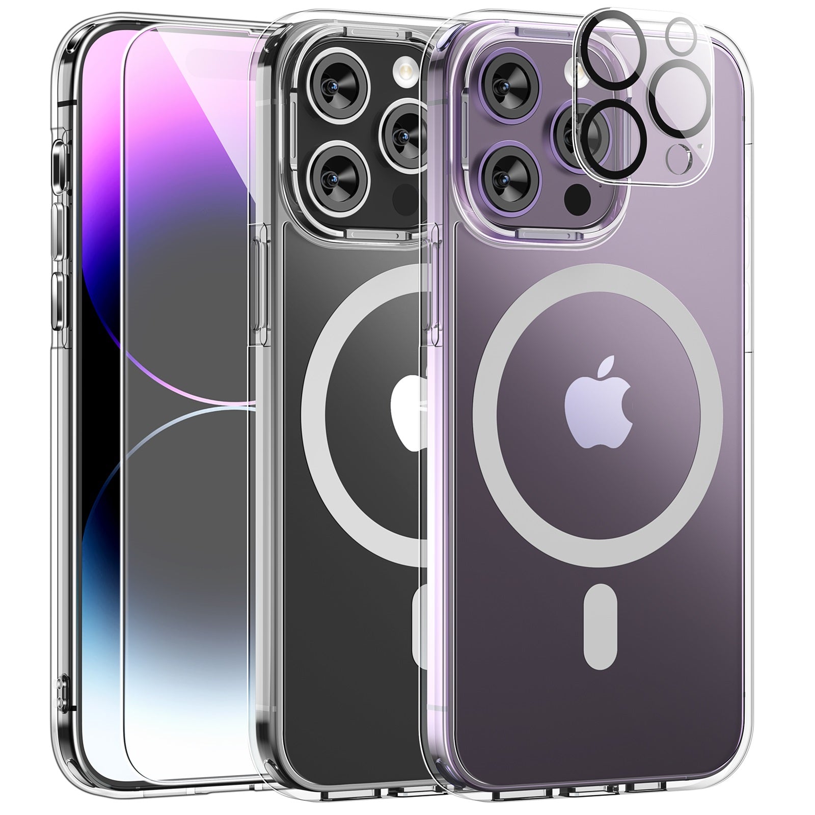 TAURI [5 in 1] Magnetic Case for iPhone 14 Pro Max [Military Grade Drop Protection] with 2X Screen Protector +2X Camera Lens Protector, Translucent Matte Slim Fit Compatible with Magsafe Case-Clear