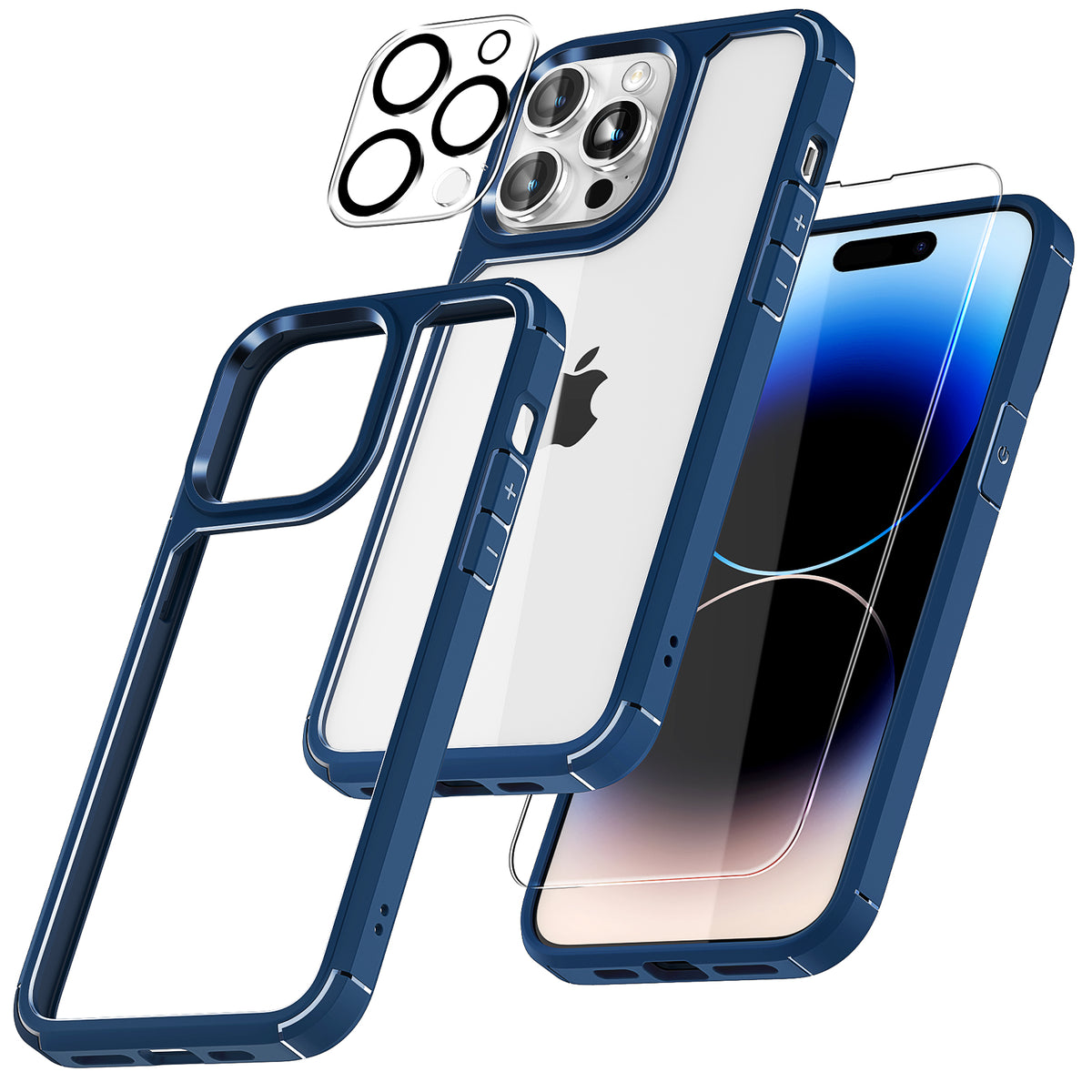 TAURI [5 in 1] for iPhone 14 Pro Max Case [Not Yellowing], with 2 Tempered Glass Screen Protectors + 2 Camera Lens Protectors [Military Grade Protection] Shockproof Slim 14 Pro Max 6.7 Inch, Blue