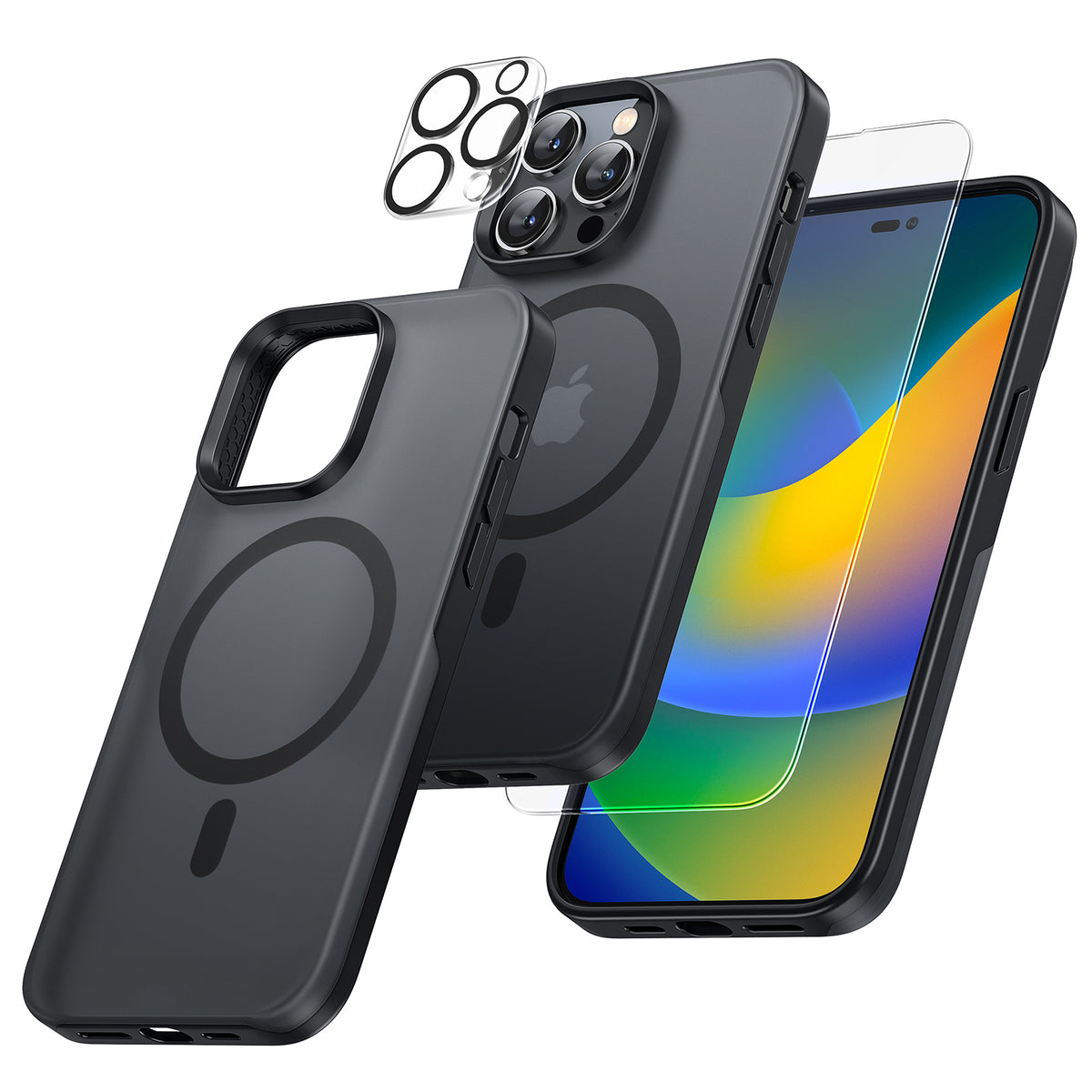 TAURI [5 in 1] Magnetic Case for iPhone 14 Pro [Military Grade Drop Protection] with 2X Screen Protector +2X Camera Lens Protector, Translucent Matte Slim Fit Compatible with Magsafe Case-Black