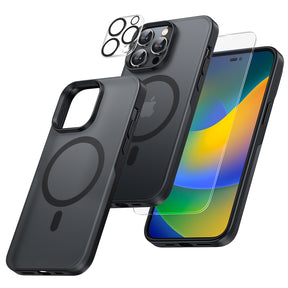 TAURI [5 in 1] Magnetic Case for iPhone 14 Pro [Military Grade Drop Protection] with 2X Screen Protector +2X Camera Lens Protector, Translucent Matte Slim Fit Compatible with Magsafe Case-Black