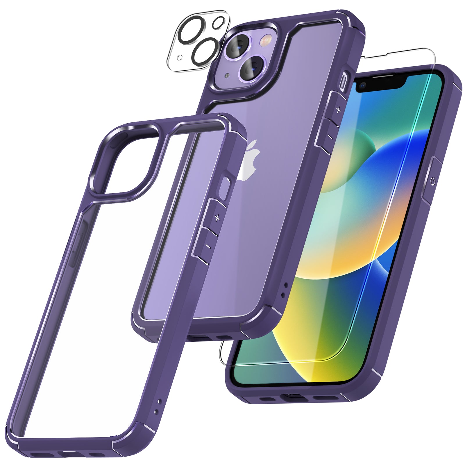 TAURI [5 in 1] for iPhone 14 Plus Case [Not Yellowing], with 2 Tempered Glass Screen Protectors+2 Camera Lens Protectors [Military Grade Protection] Shockproof Slim iPhone 14 Plus Case 6.7 Inch-Purple