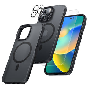 TAURI [5 in 1] Magnetic Case for iPhone 14 Pro Max [Military Grade Drop Protection] with 2X Screen Protector +2X Camera Lens Protector, Translucent Matte Slim Fit Compatible with Magsafe Case-Black