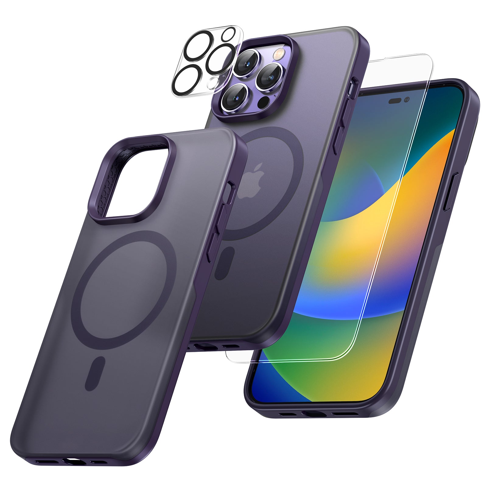 TAURI [5 in 1] Magnetic Case for iPhone 14 Pro [Military Grade Drop Protection] with 2X Screen Protector +2X Camera Lens Protector, Translucent Matte Slim Fit Compatible with Magsafe Case-Purple