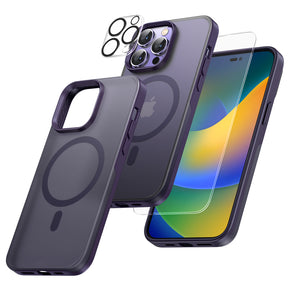 TAURI [5 in 1] Magnetic Case for iPhone 14 Pro [Military Grade Drop Protection] with 2X Screen Protector +2X Camera Lens Protector, Translucent Matte Slim Fit Compatible with Magsafe Case-Purple