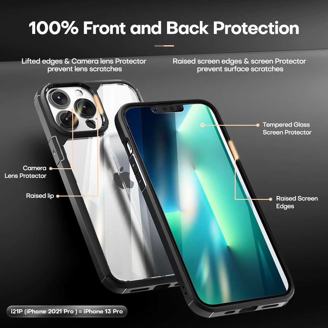 TAURI [3 in 1] Defender Designed for iPhone 13 Pro Case 6.1 Inch, with 2 Pack Tempered Glass Screen Protector + 2 Pack Camera Lens Protector [Military Grade Protection] Shockproof Slim Thin