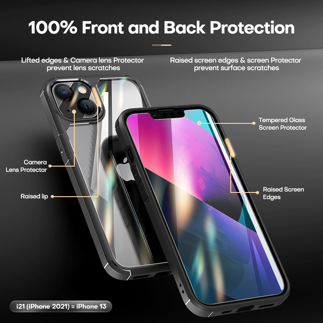 TAURI [3 in 1] Defender Designed for iPhone 13 Case 6.1 Inch, with 2 Pack Tempered Glass Screen Protector + 2 Pack Camera Lens Protector [Military Grade Protection] Shockproof Slim Thin