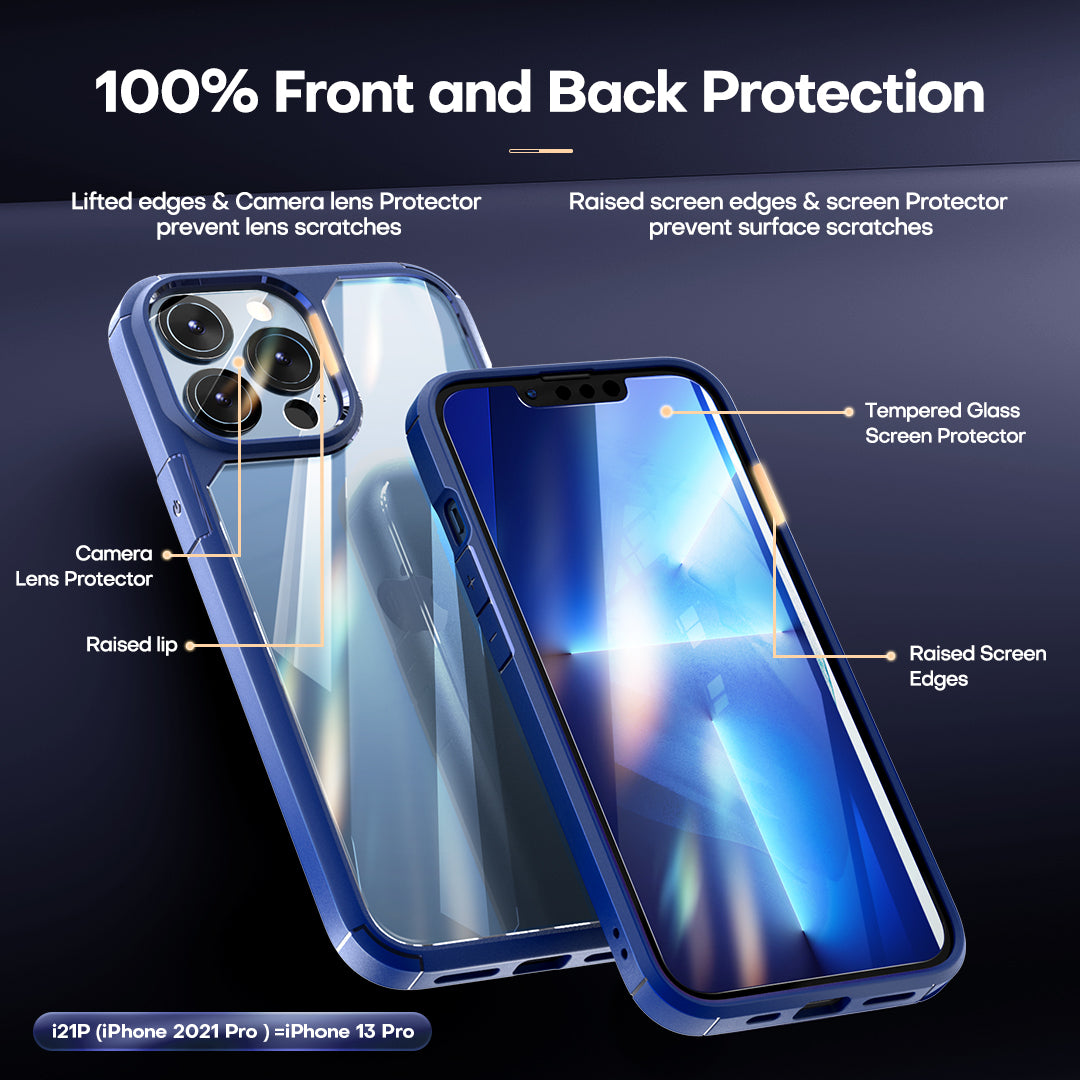 TAURI [3 in 1] Defender Designed for iPhone 13 Pro Case 6.1 Inch, with 2 Pack Tempered Glass Screen Protector + 2 Pack Camera Lens Protector [Military Grade Protection] Shockproof Slim Thin