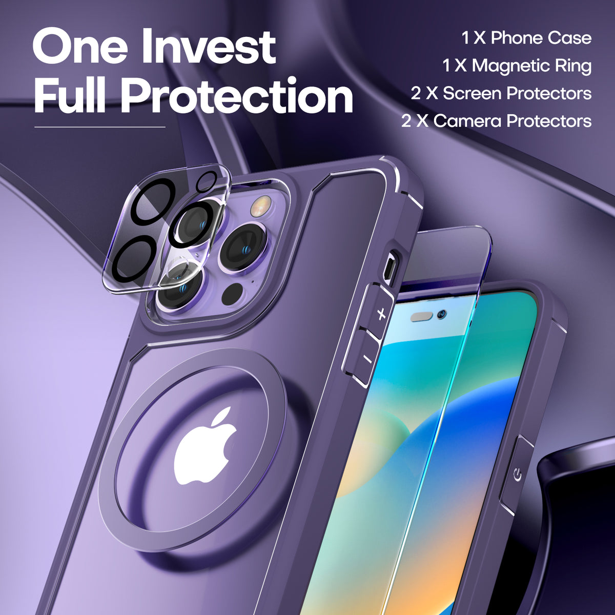 TAURI [5 in 1] for iPhone 14 Pro Max Case [Not Yellowing], with 2 Tempered Glass Screen Protectors + 2 Camera Lens Protectors [Military Grade Protection] Shockproof Slim 14 Pro Max 6.7 Inch, Purple