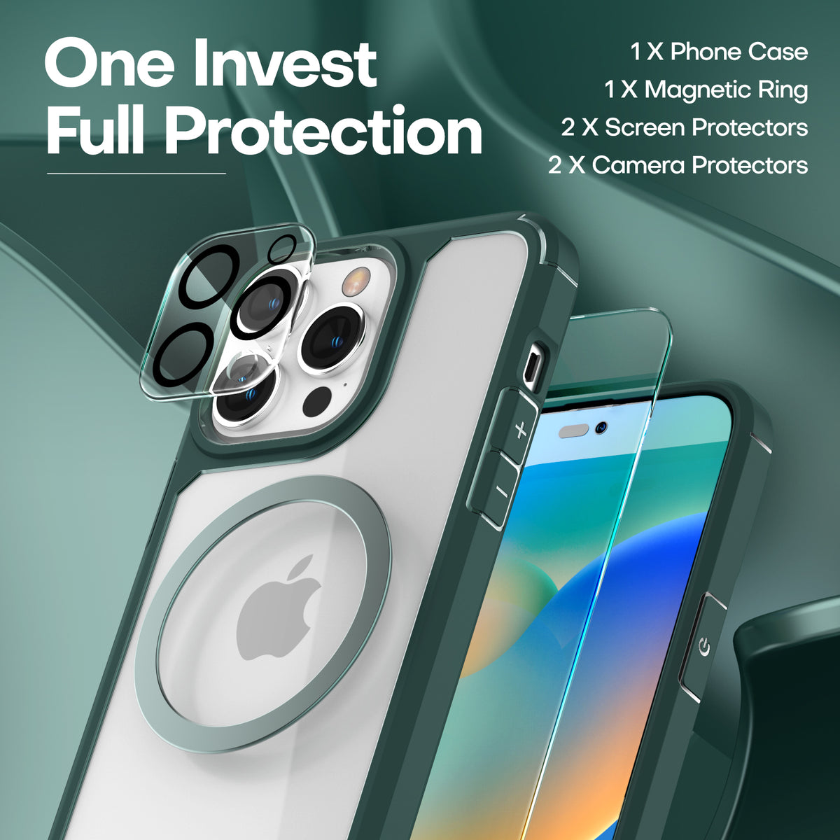 TAURI [5 in 1] for iPhone 14 Pro Max Case [Not Yellowing], with 2 Tempered Glass Screen Protectors + 2 Camera Lens Protectors [Military Grade Protection] Shockproof Slim 14 Pro Max 6.7 Inch, Green