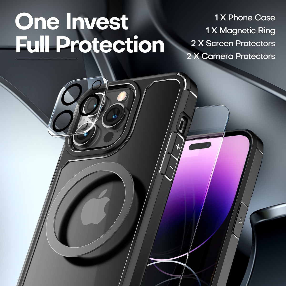 TAURI [5 in 1] for iPhone 14 Pro Max Case [Not Yellowing], with 2 Tempered Glass Screen Protectors + 2 Camera Lens Protectors [Military Grade Protection] Shockproof Slim 14 Pro Max 6.7 Inch, Black