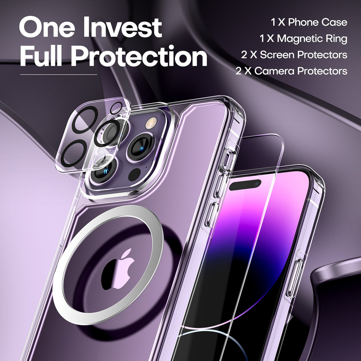 TAURI [5 in 1] for iPhone 14 Pro Max Case [Not Yellowing], with 2 Tempered Glass Screen Protectors + 2 Camera Lens Protectors [Military Grade Protection] Shockproof Slim 14 Pro Max 6.7 Inch, Clear