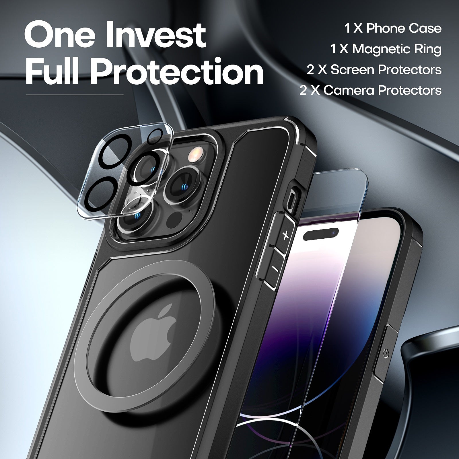 TAURI [5 in 1] for iPhone 14 Plus Case [Not Yellowing], with 2 Tempered Glass Screen Protectors+2 Camera Lens Protectors [Military Grade Protection] Shockproof Slim iPhone 14 Plus Case 6.7 Inch-Black