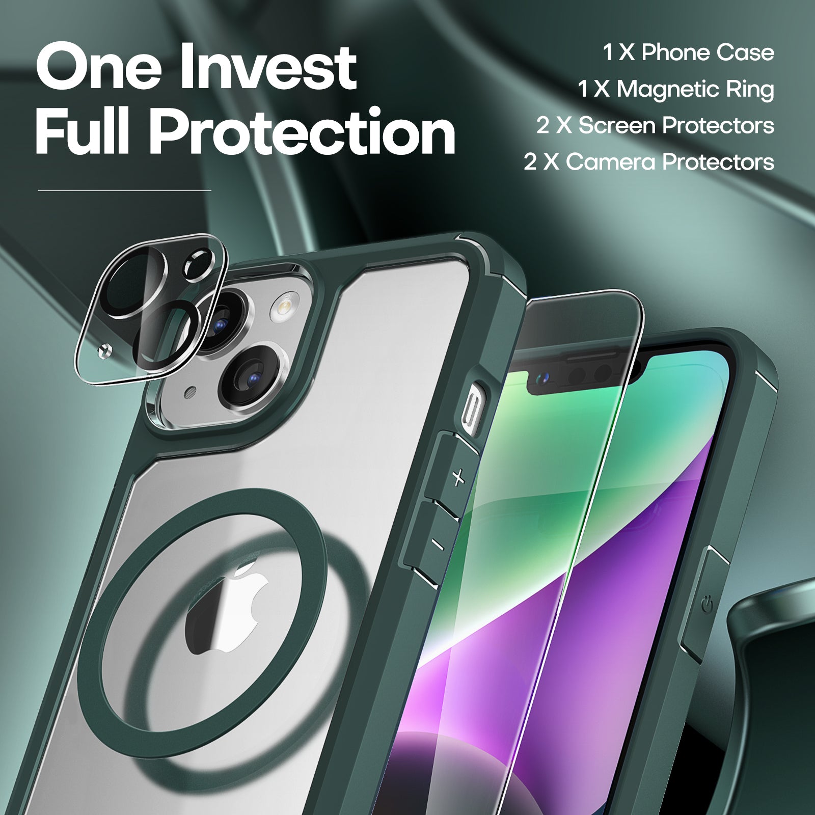 TAURI [5 in 1] for iPhone 14 Plus Case [Not Yellowing], with 2 Tempered Glass Screen Protectors+2 Camera Lens Protectors [Military Grade Protection] Shockproof Slim iPhone 14 Plus Case 6.7 Inch-Green