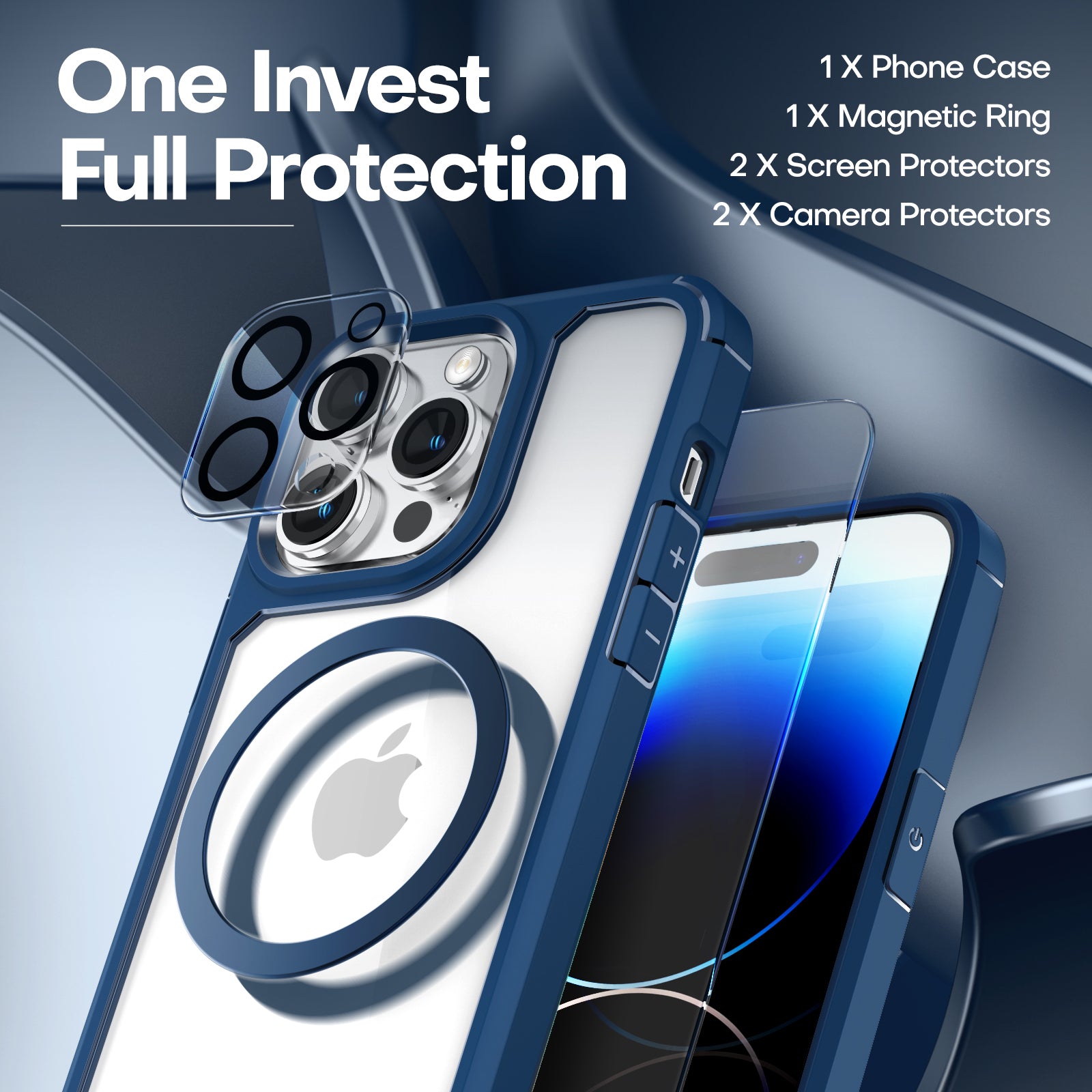 TAURI [5 in 1] for iPhone 14 Pro Case, [Not Yellowing] with 2X Tempered Glass Screen Protector + 2X Camera Lens Protector, [Military Grade Drop Protection] Shockproof Slim Phone Case 6.1 Inch, Blue