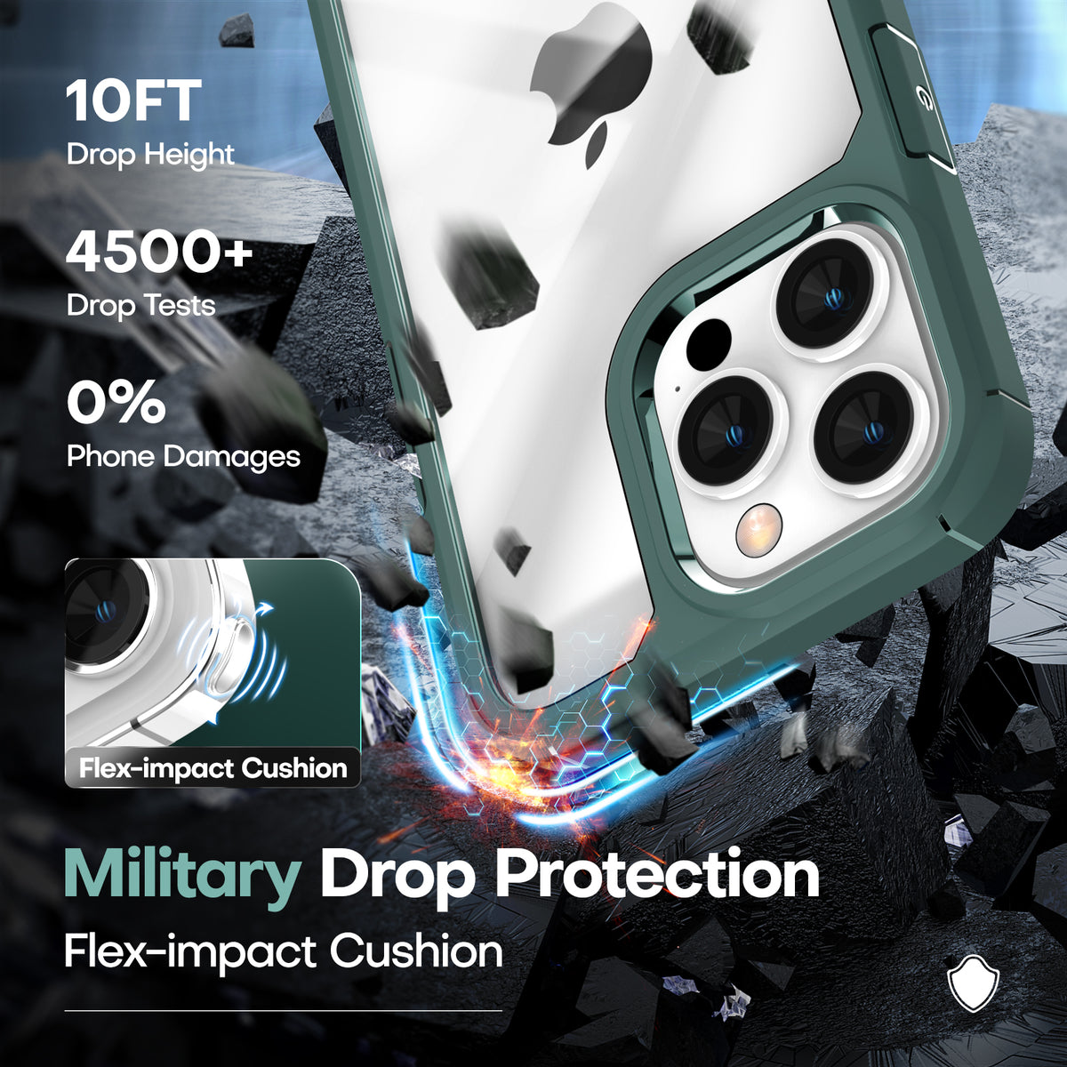 TAURI [5 in 1] for iPhone 14 Pro Case, [Not Yellowing] with 2X Tempered Glass Screen Protector + 2X Camera Lens Protector, [Military Grade Drop Protection] Shockproof Slim Phone Case 6.1 Inch, Green