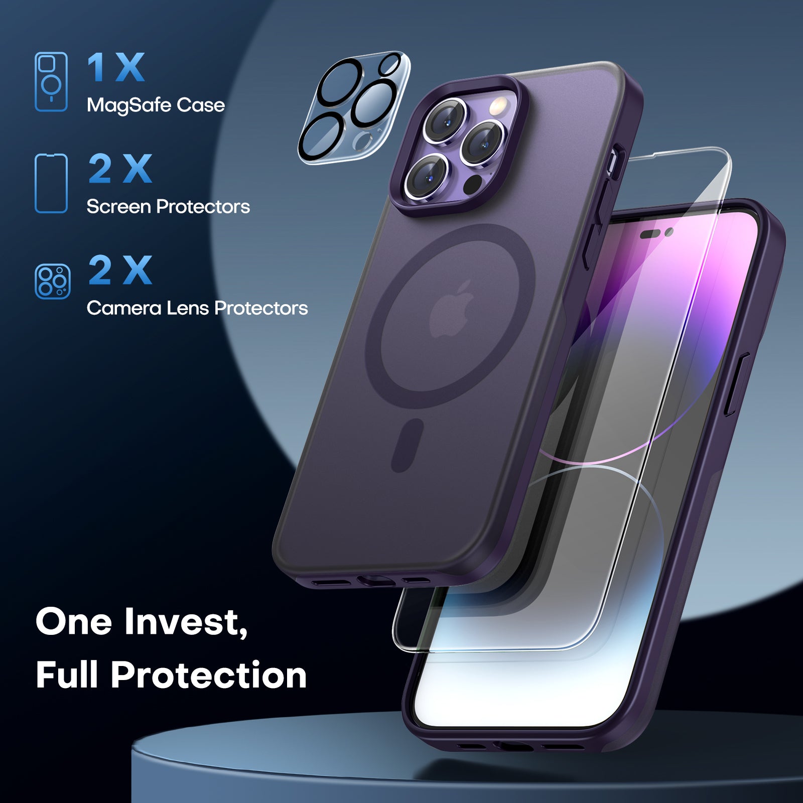 TAURI [5 in 1] Magnetic Case for iPhone 14 Pro Max [Military Grade Drop Protection] with 2X Screen Protector +2X Camera Lens Protector, Translucent Matte Slim Fit Compatible with Magsafe Case-Purple