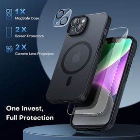 TAURI [5 in 1] Magnetic Case for iPhone 14 Plus [Military Grade Drop Protection] with 2X Screen Protector +2X Camera Lens Protector, Translucent Matte Slim Fit Compatible with Magsafe Case-Black
