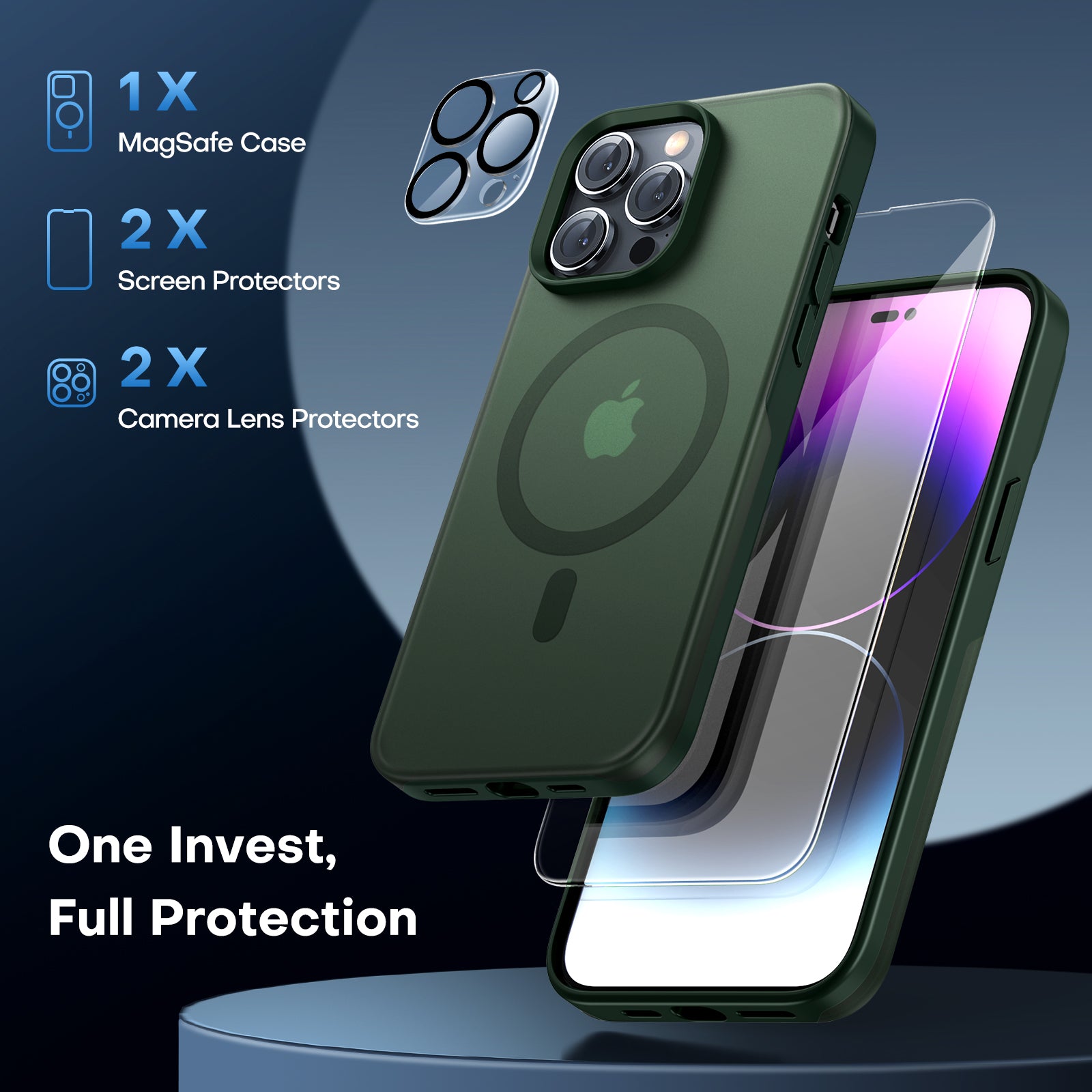 TAURI [5 in 1] Magnetic Case for iPhone 14 Pro Max [Military Grade Drop Protection] with 2X Screen Protector +2X Camera Lens Protector, Translucent Matte Slim Fit Compatible with Magsafe Case-Green