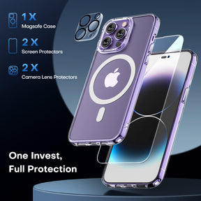 TAURI [5 in 1] Magnetic Case for iPhone 14 Pro [Military Grade Drop Protection] with 2X Screen Protector +2X Camera Lens Protector, Translucent Matte Slim Fit Compatible with Magsafe Case-Clear