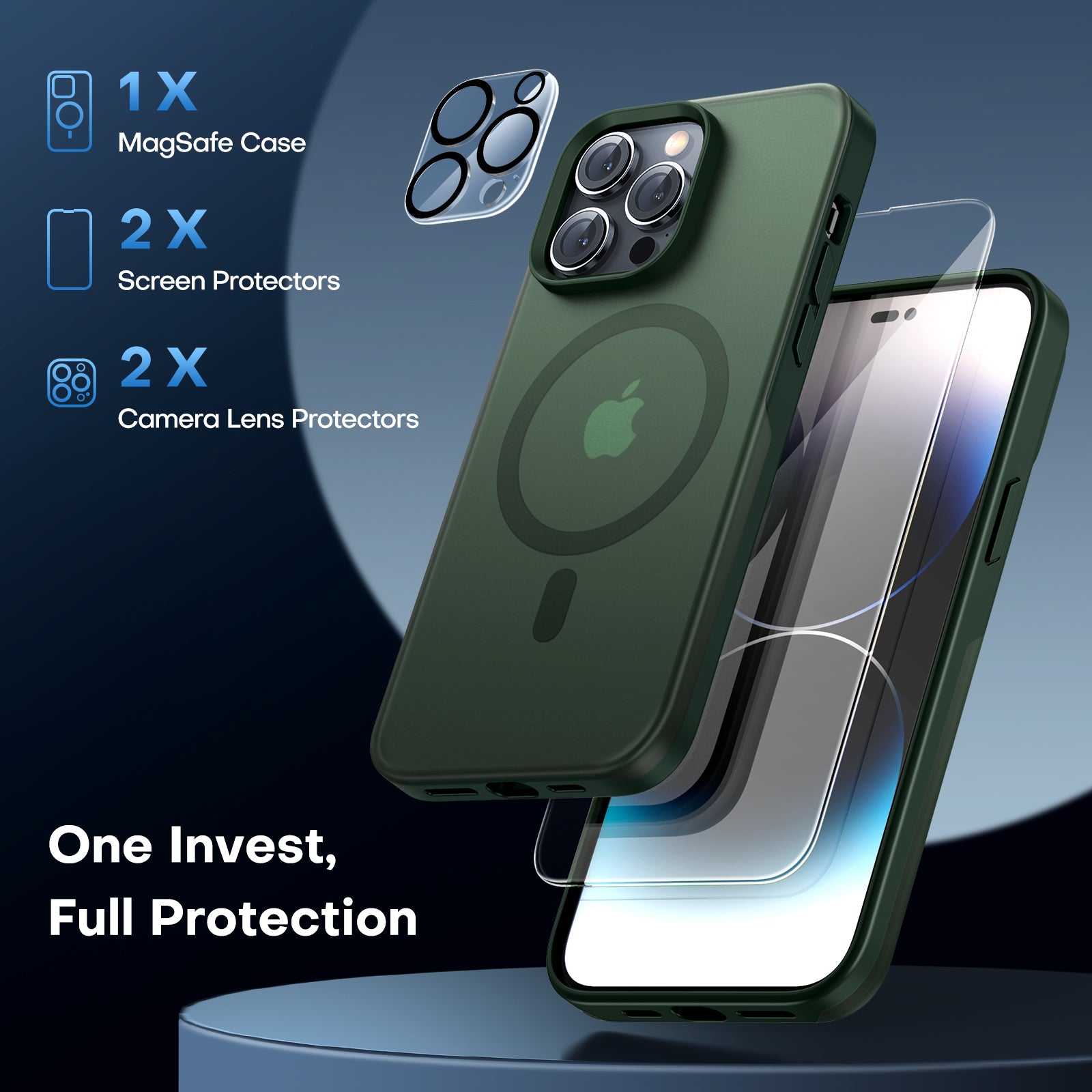 TAURI [5 in 1] Magnetic Case for iPhone 14 Pro [Military Grade Drop Protection] with 2X Screen Protector +2X Camera Lens Protector, Translucent Matte Slim Fit Compatible with Magsafe Case-Green