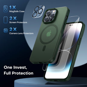 TAURI [5 in 1] Magnetic Case for iPhone 14 Pro [Military Grade Drop Protection] with 2X Screen Protector +2X Camera Lens Protector, Translucent Matte Slim Fit Compatible with Magsafe Case-Green