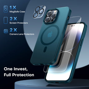 TAURI [5 in 1] Magnetic Case for iPhone 14 Pro [Military Grade Drop Protection] with 2X Screen Protector +2X Camera Lens Protector, Translucent Matte Slim Fit Compatible with Magsafe Case-Clear
