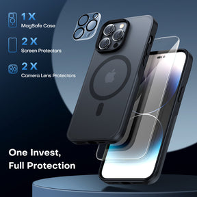 TAURI [5 in 1] Magnetic Case for iPhone 14 Pro [Military Grade Drop Protection] with 2X Screen Protector +2X Camera Lens Protector, Translucent Matte Slim Fit Compatible with Magsafe Case-Black