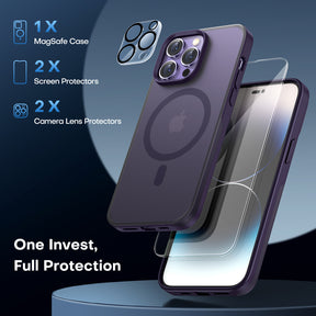 TAURI [5 in 1] Magnetic Case for iPhone 14 Pro [Military Grade Drop Protection] with 2X Screen Protector +2X Camera Lens Protector, Translucent Matte Slim Fit Compatible with Magsafe Case-Purple