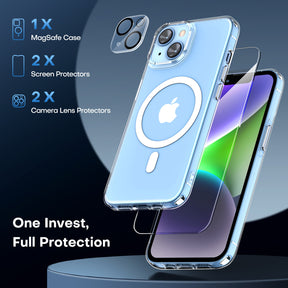 TAURI [5 in 1] Magnetic Case for iPhone 14 Plus [Military Grade Drop Protection] with 2X Screen Protector +2X Camera Lens Protector, Translucent Matte Slim Fit Compatible with Magsafe Case-Clear