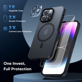 TAURI [5 in 1] Magnetic Case for iPhone 14 Pro Max [Military Grade Drop Protection] with 2X Screen Protector +2X Camera Lens Protector, Translucent Matte Slim Fit Compatible with Magsafe Case-Black