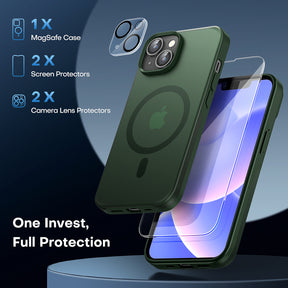 TAURI [5 in 1] Magnetic Case for iPhone 14 Plus [Military Grade Drop Protection] with 2X Screen Protector +2X Camera Lens Protector, Translucent Matte Slim Fit Compatible with Magsafe Case-Green
