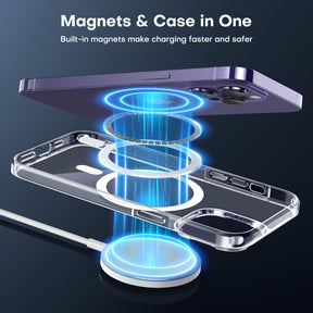 TAURI [5 in 1] Magnetic Case for iPhone 14 Pro Max [Military Grade Drop Protection] with 2X Screen Protector +2X Camera Lens Protector, Translucent Matte Slim Fit Compatible with Magsafe Case-Clear