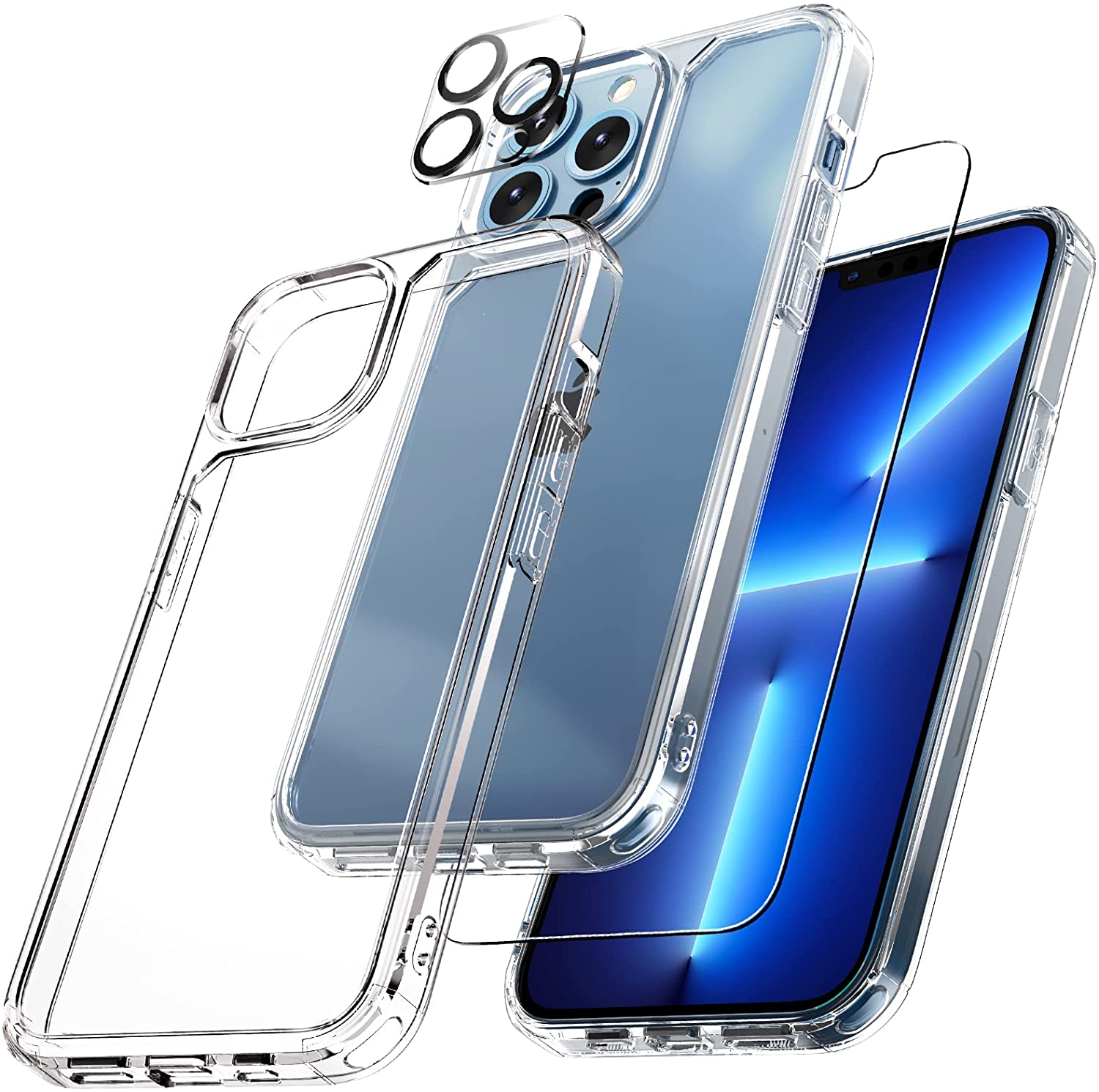 TAURI [3 in 1] Defender Designed for iPhone 13 Pro Case 6.1 Inch, with 2 Pack Tempered Glass Screen Protector + 2 Pack Camera Lens Protector [Military Grade Protection] Shockproof Slim Thin