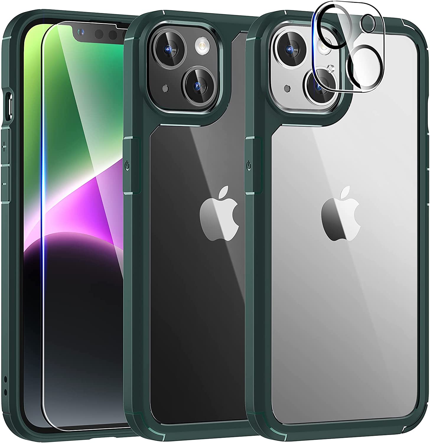 TAURI [5 in 1] for iPhone 14 Case, [Not Yellowing] with 2 Tempered Glass Screen Protector + 2 Camera Lens Protector [Military Drop Protection] Shockproof Slim Phone Case for iPhone 14 6.1 Inch-Green