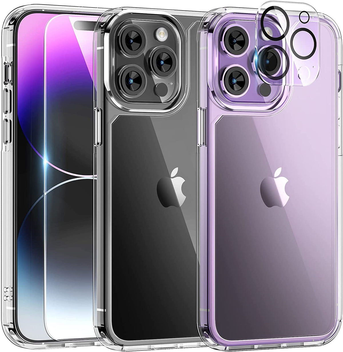 TAURI [5 in 1] for iPhone 14 Pro Max Case [Not Yellowing], with 2 Tempered Glass Screen Protectors + 2 Camera Lens Protectors [Military Grade Protection] Shockproof Slim 14 Pro Max 6.7 Inch, Clear