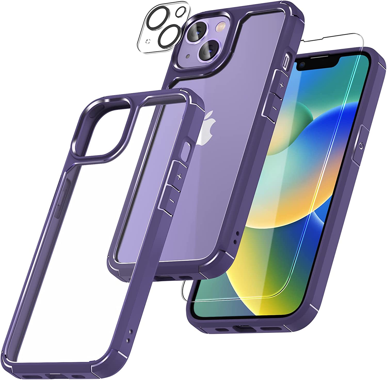 TAURI [5 in 1] for iPhone 14 Case, [Not Yellowing] with 2 Tempered Glass Screen Protector + 2 Camera Lens Protector [Military Drop Protection] Shockproof Slim Phone Case for iPhone 14 6.1 Inch-Purple