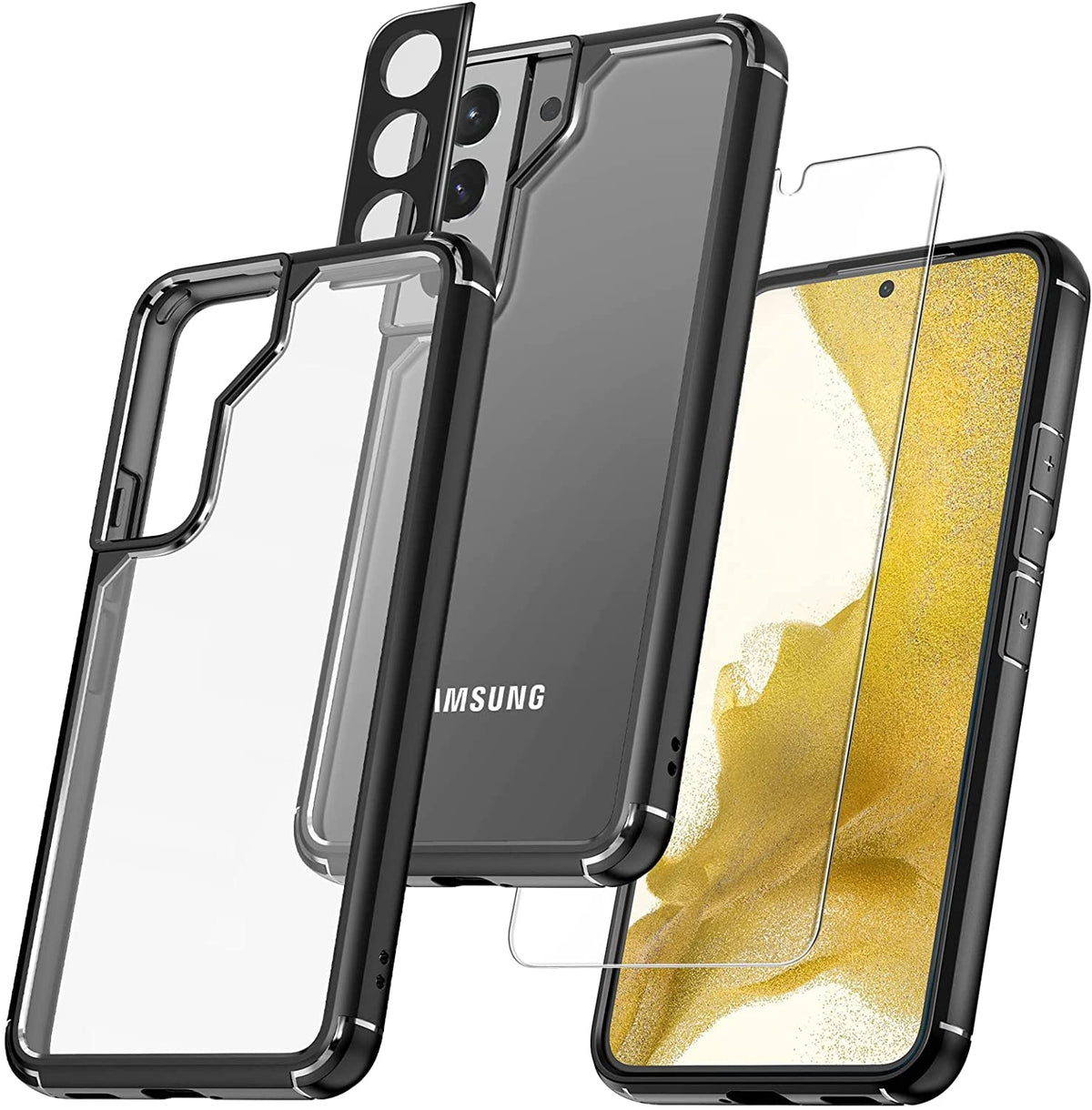 TAURI [5 in 1] Shockproof Designed for Samsung Galaxy S22 Case 5G 6.1 Inch, with 2 Pack Tempered Glass Screen Protector + 2 Pack Camera Lens Protector [Military Grade Protection] Slim Thin Cover